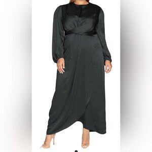 PINUPART Women's Elegant Plus Size Empire Waist Long Sleeve Satin Maxi Dress